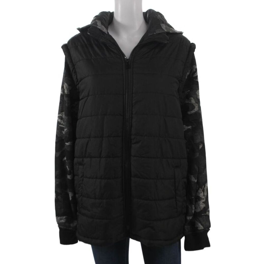 Machine Mens Puffer Jacket Black Camouflage Polyester Zip Size L